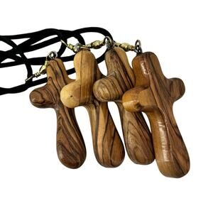Olive Wood 3.25" Crosses Necklace Leather Lot of 4 Hand Carved